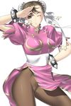  alternate_color breasts brown_eyes brown_hair bun_cover censored china_dress chinese_clothes chun-li covered_nipples double_bun dress kansuke large_breasts no_panties one_eye_closed pantyhose pelvic_curtain salute sash solo street_fighter 
