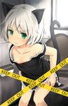  animal_ears annoyed bad_id bad_pixiv_id bare_shoulders cat_ears cat_tail caution_tape collarbone flat_chest green_eyes keep_out nemo_(piisukun) panties panty_pull sanya_v_litvyak short_hair solo strike_witches tail toilet toilet_paper underwear wavy_mouth white_hair window world_witches_series 