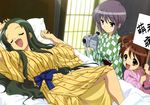  camcorder checkered checkered_kimono fang japanese_clothes kimono kyon_no_imouto long_hair multiple_girls nagato_yuki non-web_source pink_kimono sleeping striped suzumiya_haruhi_no_yuuutsu tsuruya vertical-striped_kimono vertical_stripes very_long_hair yellow_kimono yukata 