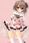  absurdres bow brown_eyes brown_hair dress frills hair_bow hazumi_rio highres looking_at_viewer original panties pantyshot pantyshot_(standing) polka_dot polka_dot_background scan short_hair solo standing thighhighs underwear white_legwear white_panties 