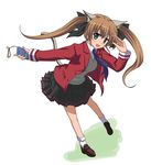  animal_ears bad_id bad_pixiv_id blazer brown_hair cellphone dog_days green_eyes hair_ribbon jacket long_hair open_mouth phone pleated_skirt rebecca_anderson ribbon school_uniform shira-nyoro skirt solo tail twintails 