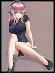  arm_support bad_id bad_pixiv_id blush breasts bug butterfly china_dress chinese_clothes dress headphones highres insect large_breasts legs long_hair long_legs mochi.f nitroplus no_socks pink_hair shirt sitting smile solo super_sonico taut_clothes taut_shirt thighs 