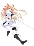  blonde_hair boots christiane_friedrich inue_shinsuke long_hair maji_de_watashi_ni_koi_shinasai! pantyhose purple_eyes rapier school_uniform skirt solo sword twintails two_side_up weapon white_legwear 