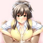  1girl asuka_(senran_kagura) blush breasts brown_hair cum cum_on_body cum_on_breasts cum_on_clothes cum_on_upper_body eyebrows_visible_through_hair hair_ribbon hetero large_breasts looking_at_viewer mikemono_yuu paizuri paizuri_under_clothes pov ribbon senran_kagura senran_kagura_shoujo-tachi_no_shin'ei solo_focus sweater_vest 