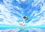  :d barefoot blue_eyes blue_hair cloud din_(flypaper) dress feet flower hat long_hair open_mouth original reflection sky solo spread_arms standing_on_one_leg sundress sunflower water 