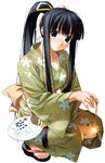  black_eyes black_hair blush fan fireworks hair_ribbon hanabi high_res kimono ponytail sandals tagme 