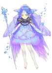  absurdres avalon_code barefoot blue blue_hair chain earrings facial_mark forehead_mark full_body gloves haccan headdress highres ice jewelry long_hair neaki pointy_ears simple_background solo staff yellow_eyes 