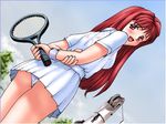  casual_romance_club houkago_ren-ai_club panchira red_eyes red_hair tennis_court tennis_racket tennis_uniform wristband 