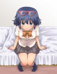  bed blue_hair blush eyewear_on_head glasses inazuma_eleven inazuma_eleven_(series) looking_up maron_(quintet_colors) otonashi_haruna school_uniform short_hair sitting smile solo 