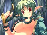  1girl angry areolae armor blush breast_grab breasts clenched_teeth dagger elf erect_nipples forest green_hair grope knife large_breasts midriff nipples oppai red_eyes restrained shirt_lift tagme tentacles undressing 