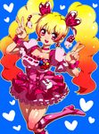  blonde_hair boots breasts choker cleavage cure_peach dress earrings eyelashes fresh_precure! frills gradient_hair hair_ornament hairpin heart heart_hair_ornament jewelry knee_boots long_hair magical_girl medium_breasts momozono_love multicolored_hair orange_hair owarine_miku pink_choker pink_eyes pink_footwear precure smile solo twintails v 