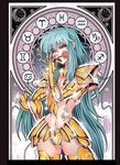  adapted_costume aqua_hair armor bikini_armor blue_eyes breasts cleavage flower future_studio_(artist) genderswap genderswap_(mtf) gold_armor gold_saint hand_on_hip lipstick long_hair makeup medium_breasts midriff mole mole_under_eye mouth_hold mu_fengchun pisces_aphrodite rose saint_seiya shiny solo very_long_hair zodiac 