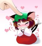  :3 animal_ears blush brown_hair cat_ears chen chibi closed_eyes dress hands_on_own_cheeks hands_on_own_face hat heart highres minigirl multiple_tails petting red_dress short_hair solo_focus tail touhou yume_shokunin 