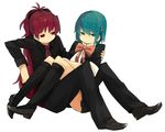  bad_id bad_pixiv_id blue_eyes blue_hair formal highres long_hair mahou_shoujo_madoka_magica miki_sayaka multiple_girls ponytail red_eyes red_hair sakura_kyouko short_hair sitting suit yomosaka 