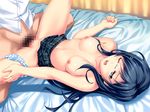  bedroom blue_eyes blue_hair breasts censored coffee-kizoku glasses houkago_no_senpai long_hair megane misaki_sayoko missionary open_mouth sex skirt spread_legs vaginal wince wink 