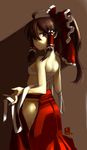  ahoge back bad_id bad_pixiv_id bare_back bare_shoulders bow breasts brown_eyes brown_hair dark_room from_behind hair_bow hair_tubes hakama hakurei_reimu japanese_clothes looking_back no_shirt ponytail red_hakama sarashi sideboob small_breasts solo standing tora_jun touhou undone_sarashi undressing 