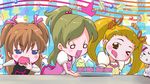  :d ;d blonde blue_eyes blush brown_eyes brown_hair chibi icecream long_hair musical_note open_mouth star tagme twin_tails wink 