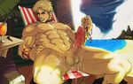  1boy bara beach blond blonde_hair cum cumdrip ejaculation king_of_fighters male male_focus male_nipples muscle nipples nude penis shen_woo snk solo solo_male uncensored 