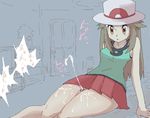  1girl blue_(pokemon) brown_eyes brown_hair bushizo cum cum_on_body cum_on_legs cum_on_lower_body ejaculation girl_on_top hat leaf_(pokemon) legs oekaki pokemon rough sex skirt text thigh_sex 