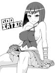  arm_support bad_id bad_pixiv_id bare_shoulders breasts covered_nipples gloves god_eater god_eater_burst greyscale grin large_breasts miyakodori_takayuki monochrome navel no_bra sideboob sitting skirt smile solo tachibana_sakuya_(god_eater) 