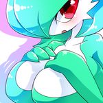  artist_request blush breasts cleavage clothed clothing female gardevoir green_hair hair huge_breasts lemoco99 looking_at_viewer lowres nintendo pok&#233;mon pokemon red_eyes video_games 