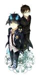  ao_no_exorcist bad_id bad_pixiv_id black_hair black_jacket blue_fire brothers collared_shirt dress_shirt fire highres jacket kuro_(ao_no_exorcist) long_sleeves looking_at_viewer male_focus multiple_boys necktie okumura_rin okumura_yukio pants pointy_ears red_neckwear sakumochi41 shirt siblings simple_background standing tail tail-tip_fire white_background white_shirt 