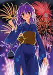  blush clannad duplicate fujibayashi_ryou hanabi kimono night pink_eyes piromizu purple_hair ribbon short 