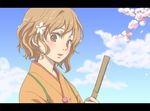  bad_id bad_pixiv_id bamboo_broom blush broom brown_eyes brown_hair flower hair_flower hair_ornament hanasaku_iroha japanese_clothes kissuisou_uniform letterboxed matsumae_ohana nakai_(waitress) open_mouth rihara short_hair solo upper_body 