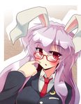 animal_ears bad_id bad_pixiv_id bespectacled blush bunny_ears buttons close-up crescent glasses long_hair necktie open_mouth purple_hair red-framed_eyewear red_eyes reisen_udongein_inaba solo tama_home touhou upper_body 
