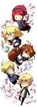  3girls :&gt; animal_ears bad_id bad_pixiv_id blazblue blonde_hair blush brown_hair carl_clover chibi jin_kisaragi kuro_yuzu makoto_nanaya multiple_boys multiple_girls noel_vermillion paper pink_hair squirrel_ears squirrel_tail tail tsubaki_yayoi 