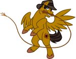  bipedal blue_eyes brown_hair brown_hooves crossover digital_media_(art) equine fedora feral front_view full-length_portrait fur hair hat horse indiana_jones male mammal mouth_hold my_little_pony nothing_is_sacred pegasus plain_background pony rearing solo standing three-quarter_view transparent_background unknown_artist whip wings yellow_feathers yellow_fur 