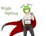  antennae belt breasts cape casual character_name cleavage collarbone dress_shirt green_eyes green_hair kieeyo medium_breasts older pants shirt short_hair sleeves_rolled_up solo striped tomboy touhou unbuttoned vertical_stripes wriggle_nightbug 