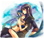  1girl :p black_hair blue_eyes blue_hair bracelet breasts jewelry judith karasu_wako long_hair medium_breasts ponytail purple_eyes tales_of_(series) tales_of_vesperia tongue tongue_out yuri_lowell 