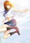  absurdres brown_eyes brown_hair cloud crop_top crop_top_overhang evan_yang highres jumping looking_back mary_janes midriff navel original school_uniform serafuku shoes skirt sky socks solo 