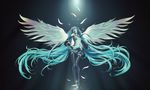  alvin_lee black feathers floating floating_hair hatsune_miku highres light long_hair necktie open_mouth realistic skirt solo thighhighs twintails very_long_hair vocaloid wings 
