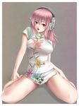  bad_id bad_pixiv_id barefoot breasts china_dress chinese_clothes dress floral_print headphones highres large_breasts legs long_hair mochi.f nitroplus open_mouth pink_hair red_eyes shirt sitting solo spread_legs super_sonico taut_clothes taut_shirt thighs wariza 