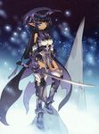  1girl absurdres armor armored_boots black_hair blade_(galaxist) blue_eyes boots closed_mouth earrings highres holding holding_sword holding_weapon jewelry long_hair original pointy_ears scan solo standing sword weapon 