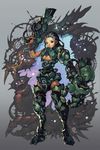  armor black_eyes black_hair boots cleavage_cutout copyright_request cyborg fufuhol gun science_fiction solo thigh_boots thighhighs weapon 