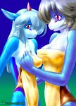  blue blue_body breasts duo female gazelle horn horns inukai kemono kemono_inukai kemonoinukai one-piece_swimsuit pink_eyes red_eyes sibling sister swimsuit yuki 