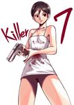  1girl blood dress female gun kaede_smith killer7 no_pussy oyatsu_(mk2) short_hair solo weapon white_background white_dress 