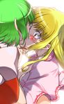  blonde_hair blush breasts green_hair haruichi highres kazami_yuuka kiss lily_white long_hair medium_breasts multiple_girls no_bra open_clothes open_shirt shirt short_hair surprised touhou yuri 