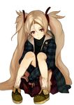  blonde_hair book brown_eyes copyright_request face full_body leg_hug long_hair plaid shirabi shoes simple_background socks solo twintails very_long_hair 