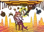  apple bad_id bad_pixiv_id bag bow brown_eyes brown_hair cellphone chair checkered checkered_skirt food frog fruit geta grass hair_bow hat heart highres himekaidou_hatate itomugi-kun necktie open_mouth phone shadow shell sitting skirt solo thighhighs tokin_hat touhou twintails upside-down 
