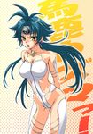  angry aria_advance arms_behind_back blue_hair blush breasts cleavage covered_nipples earrings headband jewelry kouda_tomohiro large_breasts long_hair necklace solo super_robot_wars super_robot_wars_w sweatdrop third-party_edit yellow_eyes 
