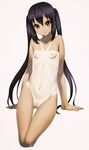  arm_support bad_id bad_pixiv_id black_hair breasts cozy hips k-on! long_hair nakano_azusa nipples nude one-piece_tan pubic_hair pussy red_eyes ribs sidelocks simple_background skinny small_breasts smile solo tan tanline thigh_gap twintails very_long_hair 