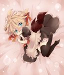  1boy ahoge bad_id blonde_hair blue_eyes blush boy child crossdress crossdressing fang frown hair_ornament hair_ribbon headdress hyerry kagamine_len lying maid male male_focus open_mouth ponytail ribbon short_hair solo thighhighs touyama_soboro trap vocaloid 