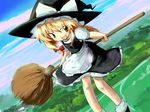  :d blonde_hair blush bow braid broom broom_riding day field forest grass hair_bow hat kirisame_marisa leg_warmers looking_at_viewer nature neki-t open_mouth outdoors puffy_short_sleeves puffy_sleeves red_bow river shore short_sleeves sidesaddle single_braid sitting smile solo tareme touhou witch_hat 