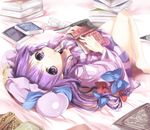  bad_id bad_pixiv_id bare_legs barefoot book bookmark bow crescent double_bun dress emia_(castilla) hair_bow hands_on_own_chest hat long_hair lying mouth_hold on_back patchouli_knowledge purple_dress purple_eyes purple_hair solo touhou upside-down 