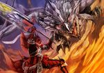  armor battle cpux4 dragon fang full_armor gauntlets gloves helmet huge_weapon male_focus monster monster_hunter open_mouth rathalos rathalos_(armor) red_eyes silver_rathalos sky sword weapon wyvern 