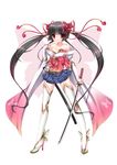  bare_shoulders black_hair boots breasts butterfly_wings cleavage flower hair_flower hair_ornament highres japanese_clothes long_hair medium_breasts obi original pink_wings red_eyes sash scabbard sheath solo sword thigh_boots thighhighs twintails weapon wings yuncha zettai_ryouiki 